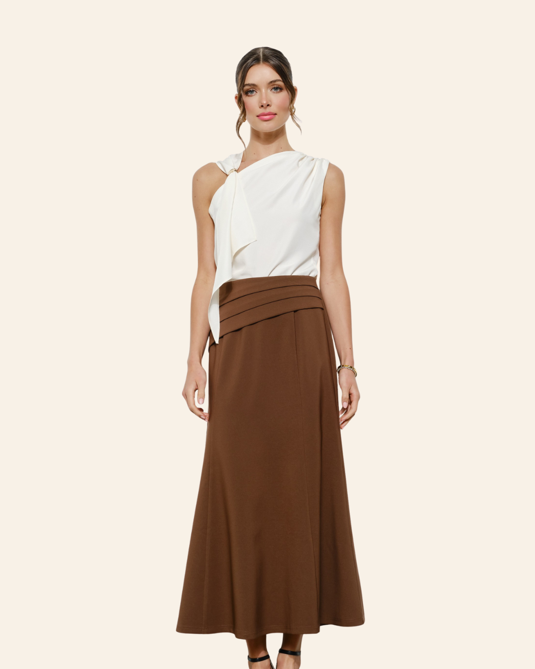 Quiet Luxury Set - Asymmetric Draped Top & Flared Midi Skirt